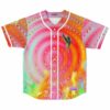 front view of hypnotic concentric swirl rave baseball jersey with melting winged smiley patch