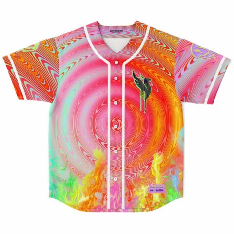 front view of hypnotic concentric swirl rave baseball jersey with melting winged smiley patch