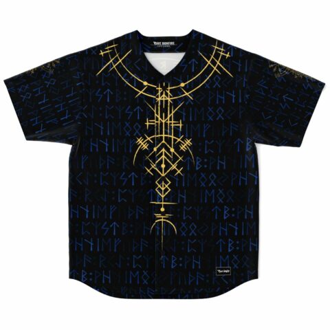 Black Norse rave baseball jersey with gold Viking compass and rune print front view