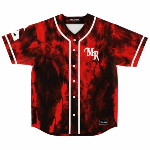Red black smoky bleach rave baseball jersey with MR logo front view