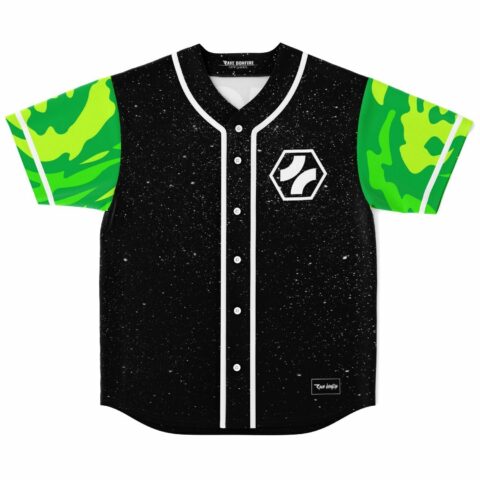 black starry galaxy rave baseball jersey with green camo sleeves front view