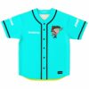 Teal buck toothed rave baseball jersey with cartoon-style godchild graphic on chest, front view