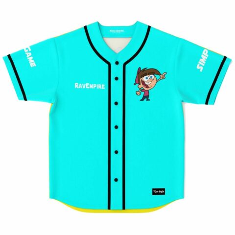 Teal buck toothed rave baseball jersey with cartoon-style godchild graphic on chest, front view
