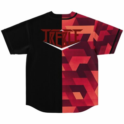 Back view of red isometric jersey showing Treble text logo on black half