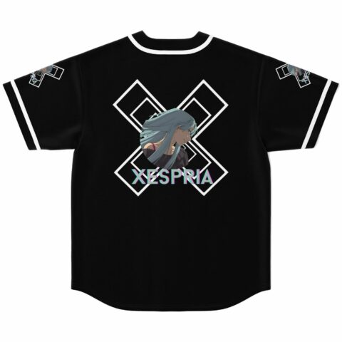 Xespria anime-inspired jersey back with geometric X logo and character graphic, laid flat