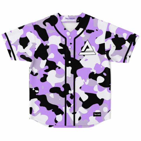 Purple camouflage rave baseball jersey front view with triangle logo patch on chest