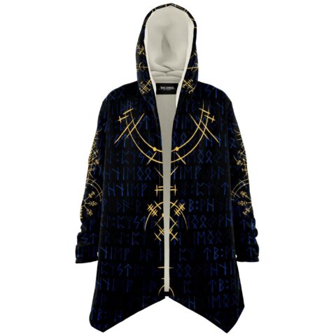 Norse rune festival cloak in black with gold Viking compass symbol front view