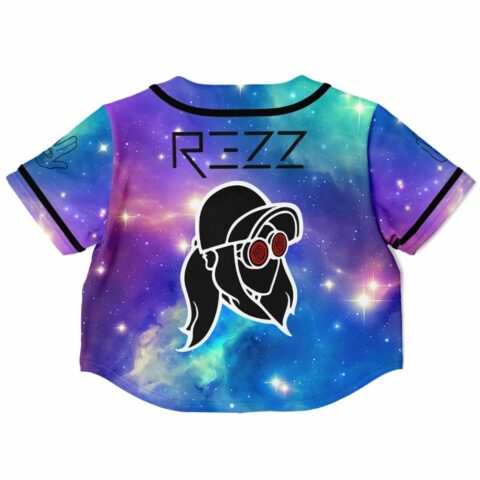 Spiral-eyed cartoon face print crop jersey back with galaxy nebula pattern
