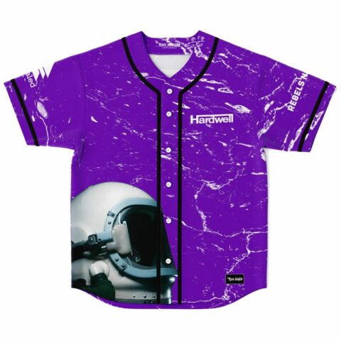 Purple marble rave baseball jersey front view with astronaut helmet graphic and button placket
