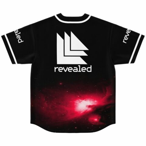 Black jersey back view showing revealed text below arrow logo and nebula print hem