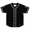 Black anime-inspired rave baseball jersey with white piping and sleeve patches, front view laid flat