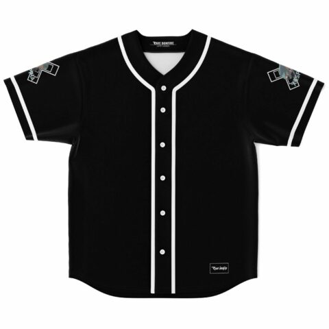 Black anime-inspired rave baseball jersey with white piping and sleeve patches, front view laid flat