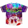Anime-inspired glitch rave baseball jersey back view with glowing figure graphic and text