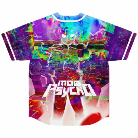 Anime-inspired glitch rave baseball jersey back view with glowing figure graphic and text