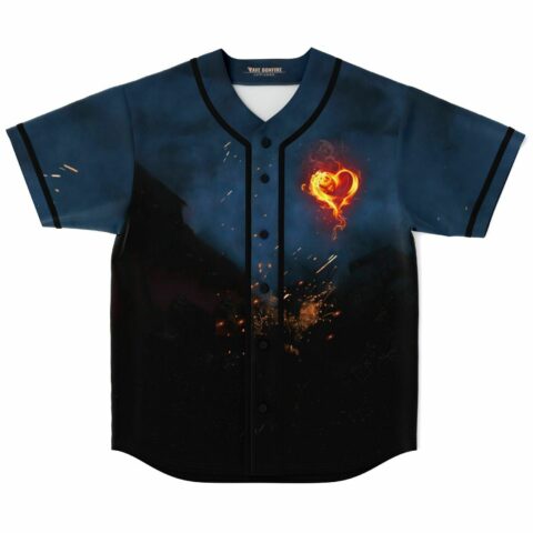 Flaming heart rave baseball jersey front view with smoky blue and black fade design