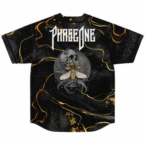 back view of black marble jersey showing skull and moth graphic under Phase One text