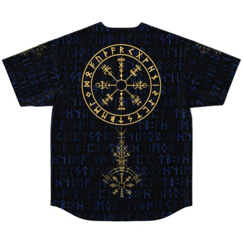 Back view of black rave jersey with gold Vegvisir compass and blue rune pattern