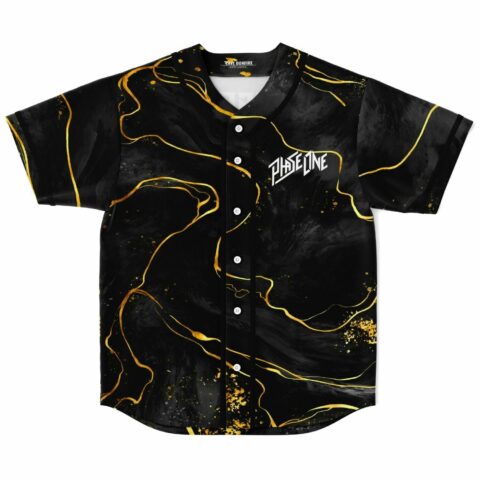 black charcoal marble rave baseball jersey with gold veined streaks and Phase One chest logo