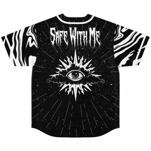 Black and white jersey back with all-seeing eye graphic and Safe With Me text