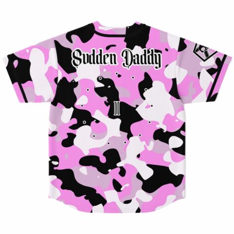 Pink camo rave jersey back view with Sudden Daddy text and bullet hole graphics