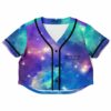 Front view of the galaxy nebula Rezz fan rave crop top with REZZ chest text