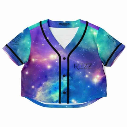 Galaxy nebula print crop jersey with REZZ chest text, front view
