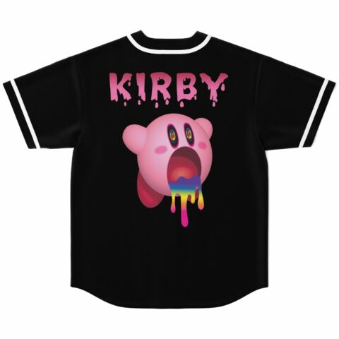 Black jersey back view showing swirly-eyed character dripping rainbow with Kirby text above