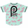 Back view of mint flamingo baseball jersey with bold Pash Pete lettering