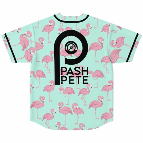 Back view of mint flamingo baseball jersey with bold Pash Pete lettering