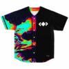 front view of neon liquid marble rave jersey with black half and white diamond arrow