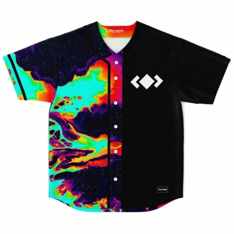front view of neon liquid marble rave jersey with black half and white diamond arrow