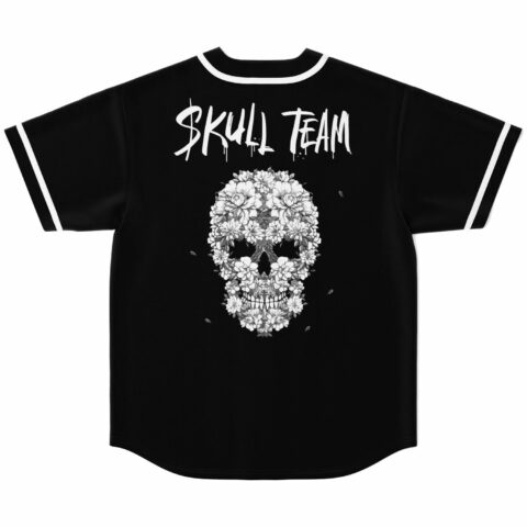 black rave baseball jersey back with $KULL TEAM text over floral sugar skull print