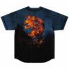 Fiery lion emblem on back of smoky blue flaming heart rave baseball jersey