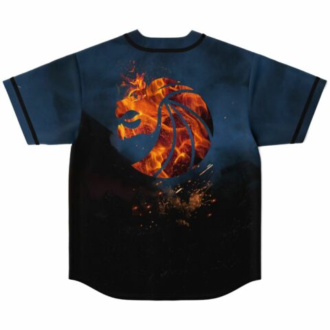 Fiery lion emblem on back of smoky blue flaming heart rave baseball jersey