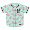 Pink flamingo print rave baseball jersey in mint green with Pash Pete logo front view