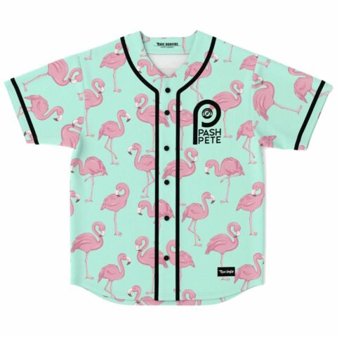 Pink flamingo print rave baseball jersey in mint green with Pash Pete logo front view