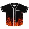 Black baseball jersey with rising flames print and Kayzo logo on chest, front view