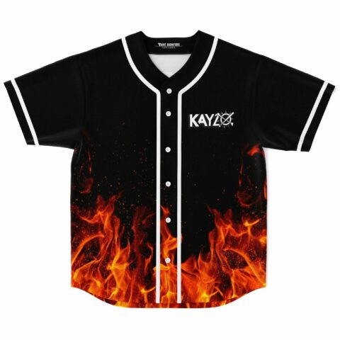 Black baseball jersey with rising flames print and Kayzo logo on chest, front view