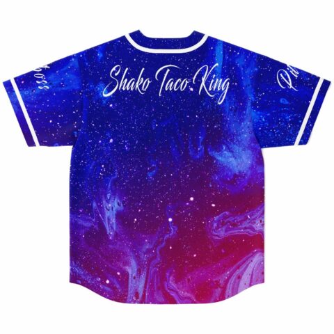 Starry galaxy rave jersey back view with Shako Taco King script across shoulders