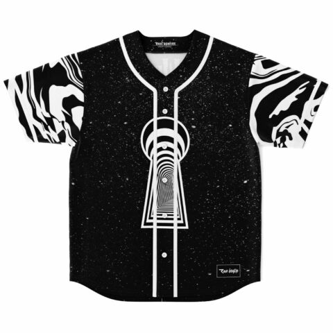 Starry galaxy rave baseball jersey with optical keyhole tunnel print front view