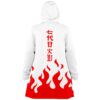 Back view of white cloak showing red flame hem and vertical kanji lettering