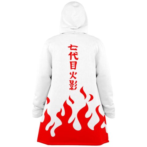 Back view of white cloak showing red flame hem and vertical kanji lettering
