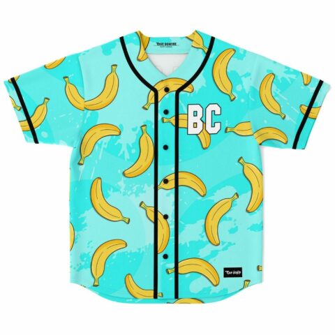 Turquoise cartoon banana print baseball jersey with BC chest patch flat lay front view