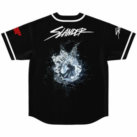 Black rave jersey back view with shattered glass orb graphic and brushscript wordmark