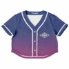 Purple gradient rave crop top with front buttons and a logo design