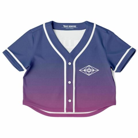 Joy rave crop top with purple gradient front buttons and logo design