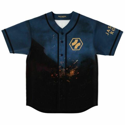 Fiery lion rave baseball jersey in navy with ember spark print, front view