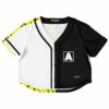 Black and white ASOT 1000 rave crop top with neon yellow trim and a square A emblem on the chest