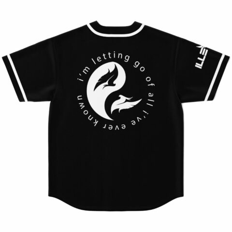 back view of black baseball jersey with twin birds yin yang design and i'm letting