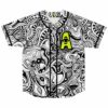 Black and white psychedelic swirl baseball jersey front with neon yellow eye letter A patch